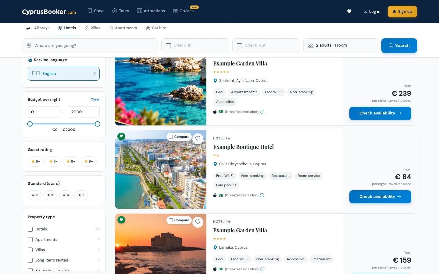 Search results with filters, prices per night and availability